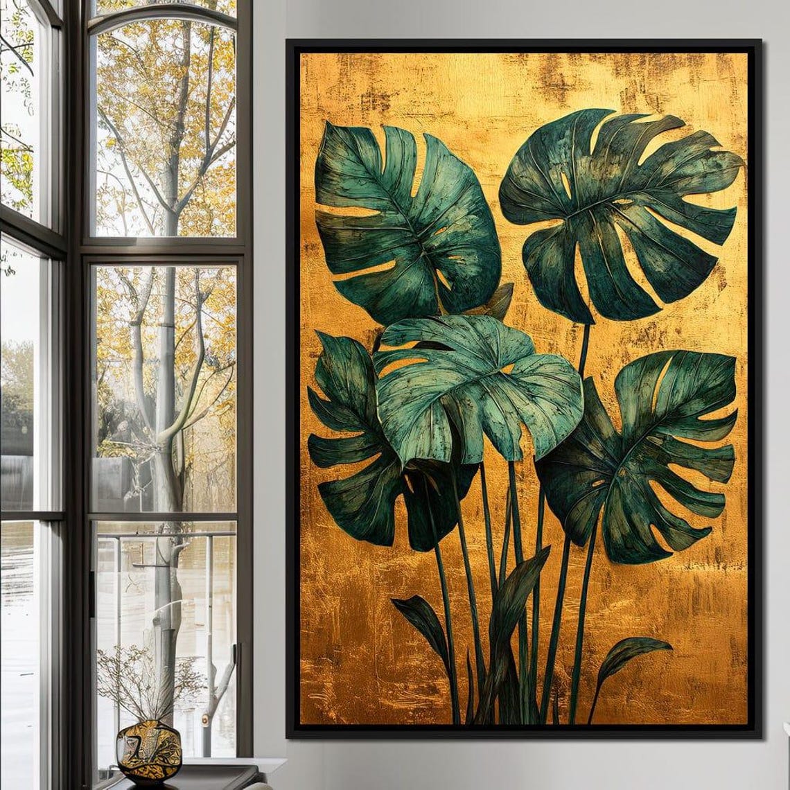 Monstera Leaves Green Gold Tropical Botanical Elegant Vertical Poster