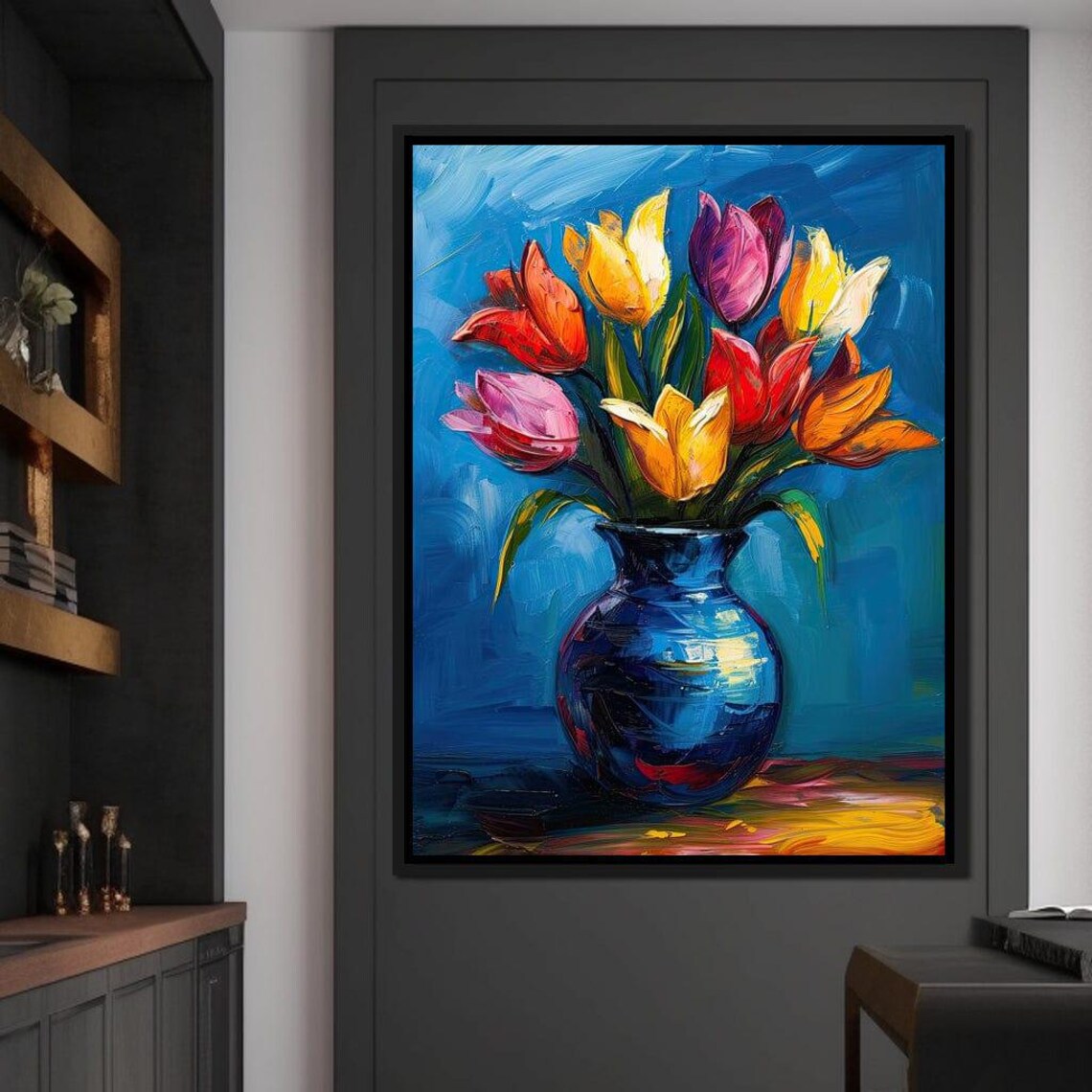 Colorful Tulips Bouquet Blue Vase Impasto Oil Painting Floral Poster - Image 4