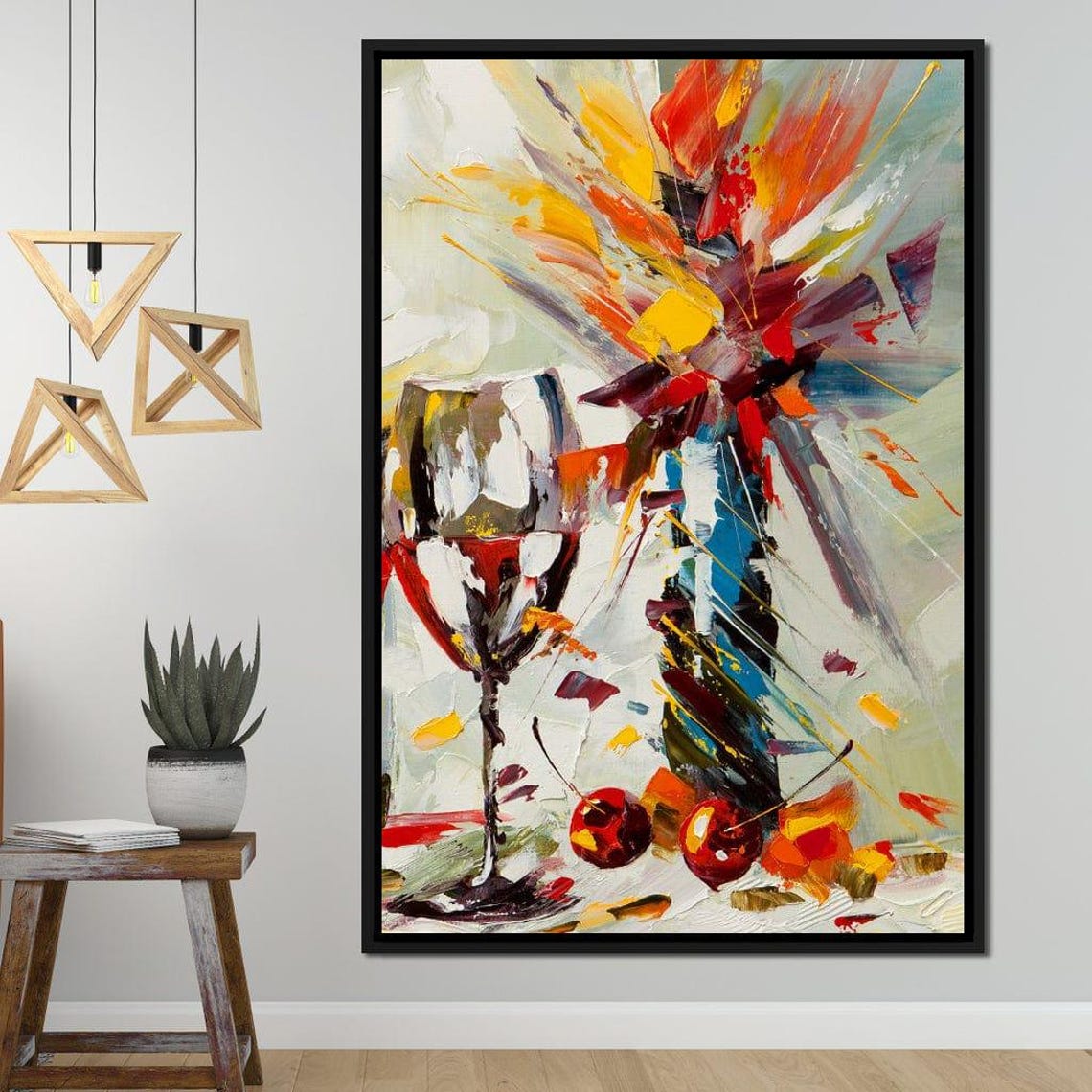 Abstract Wine Glass Cherry Bouquet Bold Colorful Kitchen Art Poster