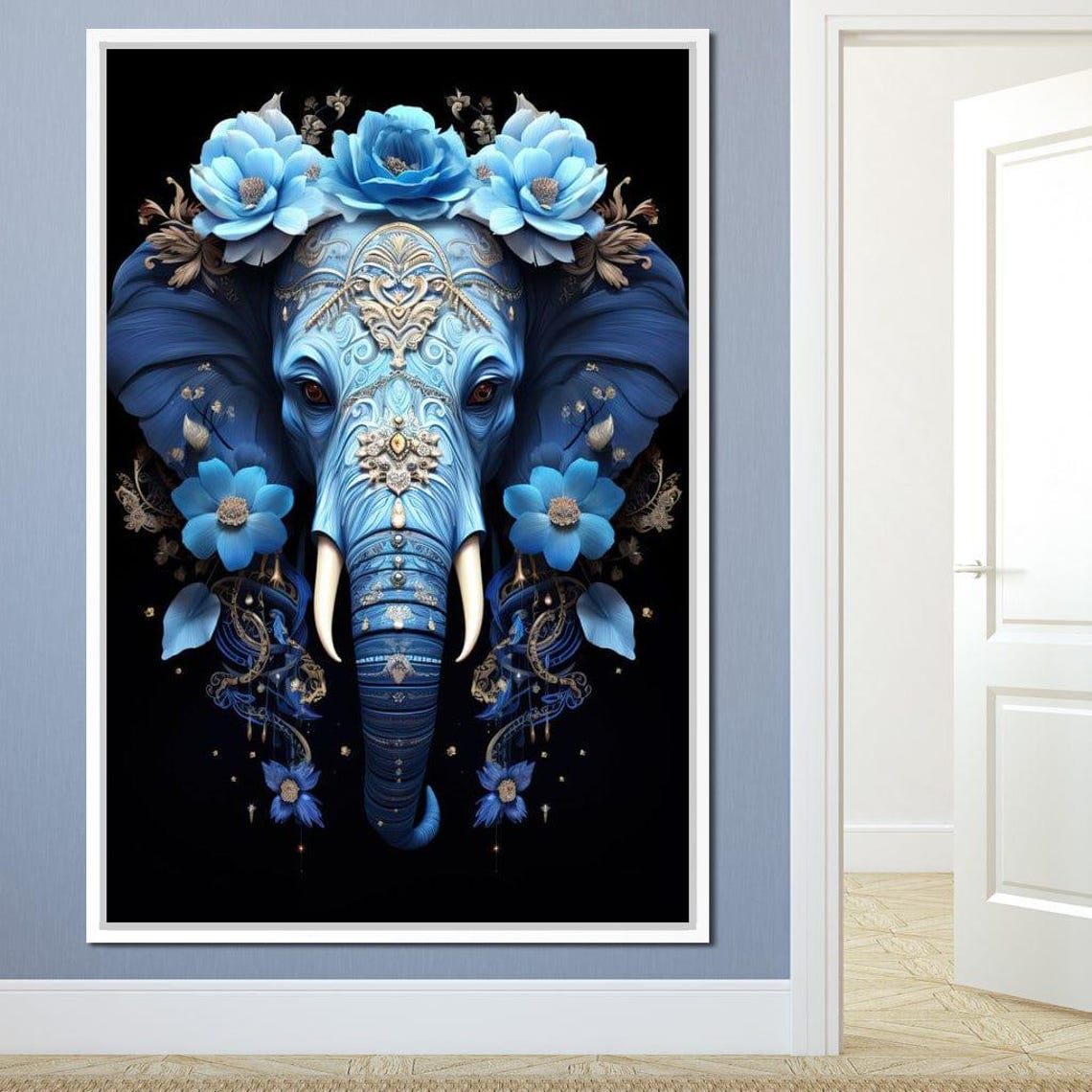 Large Blue Floral Elephant Mystical Fantasy Boho Animal Art Print