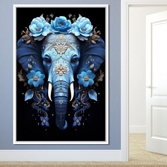 Large Blue Floral Elephant Mystical Fantasy Boho Animal Art Print
