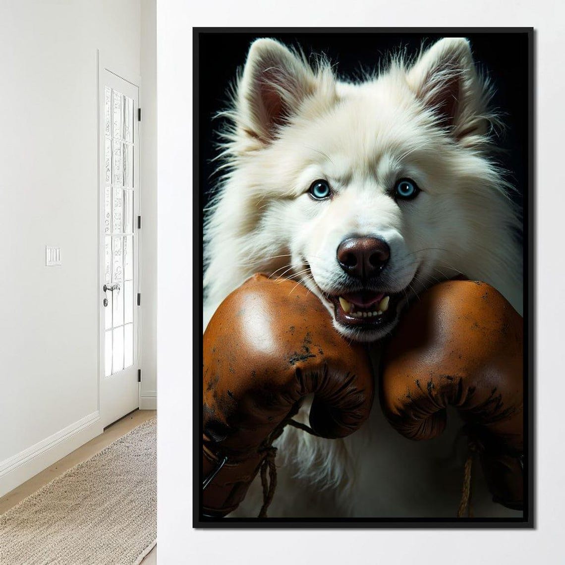Smiling Samoyed Puppy Resting on Tan Boxing Gloves Funny Poster