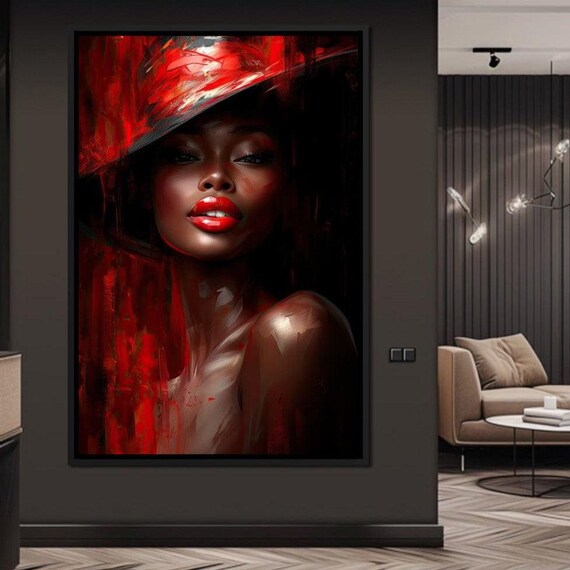 Red Hat Beauty Bold Black Red Glamorous Sultry Portrait Wall Art