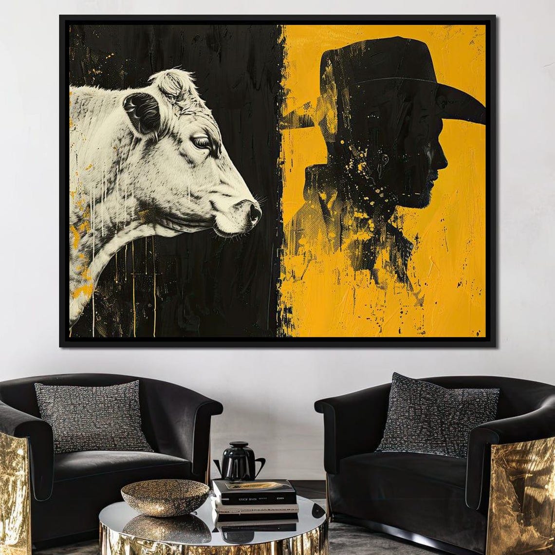 Cow And Cowboy Silhouette Black Gold Split Western Ranch Art Print
