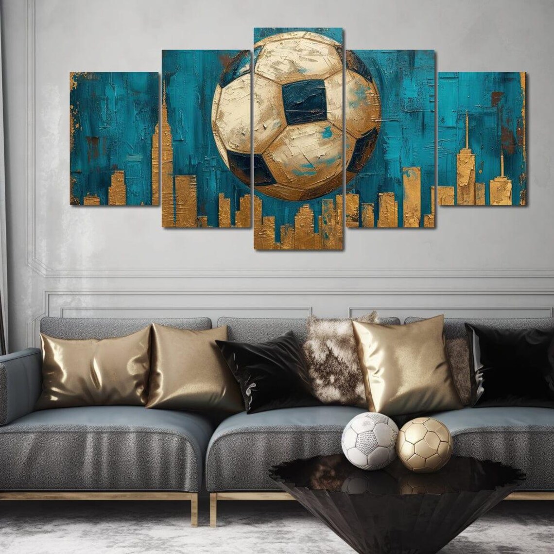 Gold Soccer Ball Teal Skyline Five Panel Canvas Sports Print