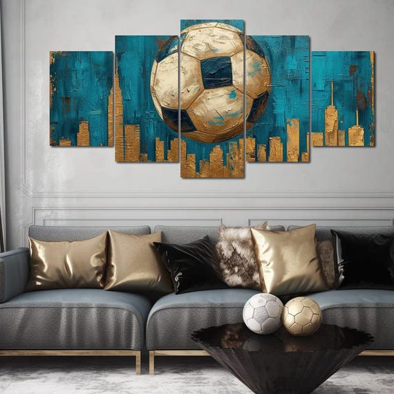 Golden Goal Metropolis Urban Soccer Wall Art Gold And Teal Home Decor Football Decor Print By Nichecanvas