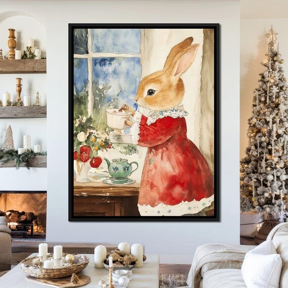 Storybook Rabbit In Red Dress Sipping Tea By Snowy Window Poster