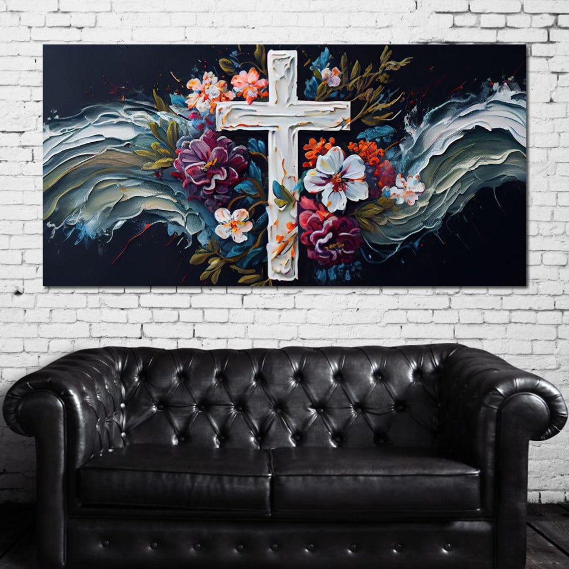 White Cross Blooming Flowers Dark Background Christian Faith Poster - Image 4
