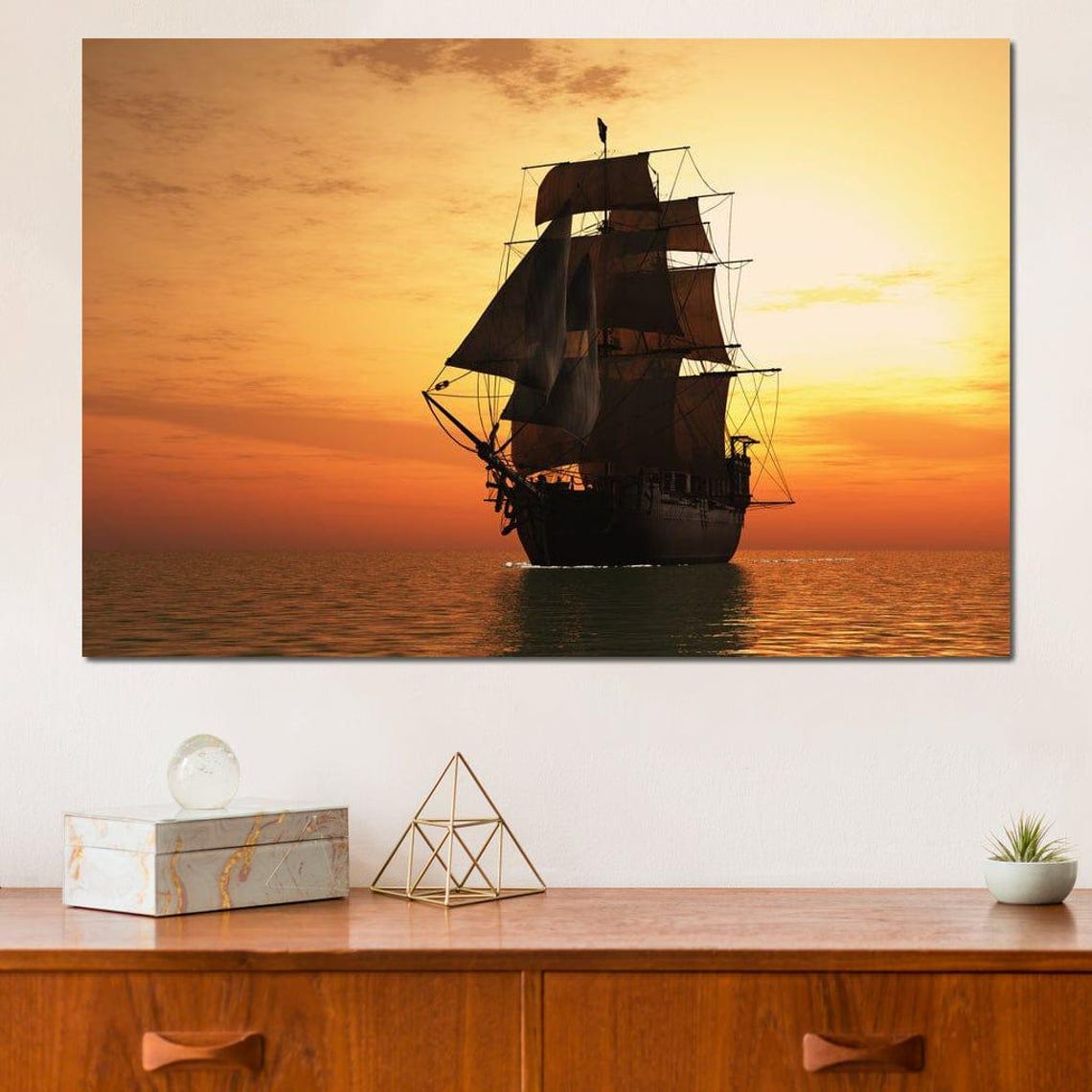 Tall Sailing Ship Silhouette Sailing at Orange Sunset Calm Sea Poster - Image 4