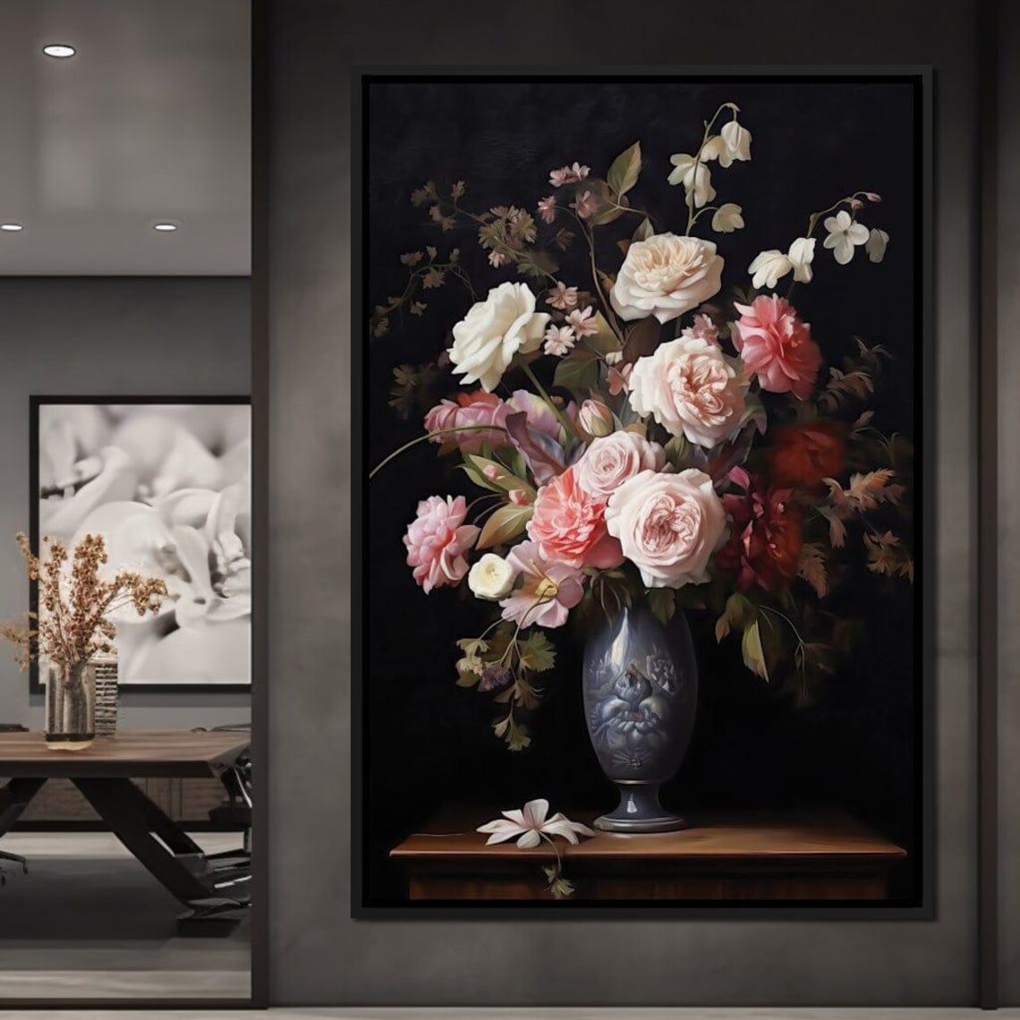 Romantic Rose Peony Bouquet Porcelain Vase Dark Wall Art Poster