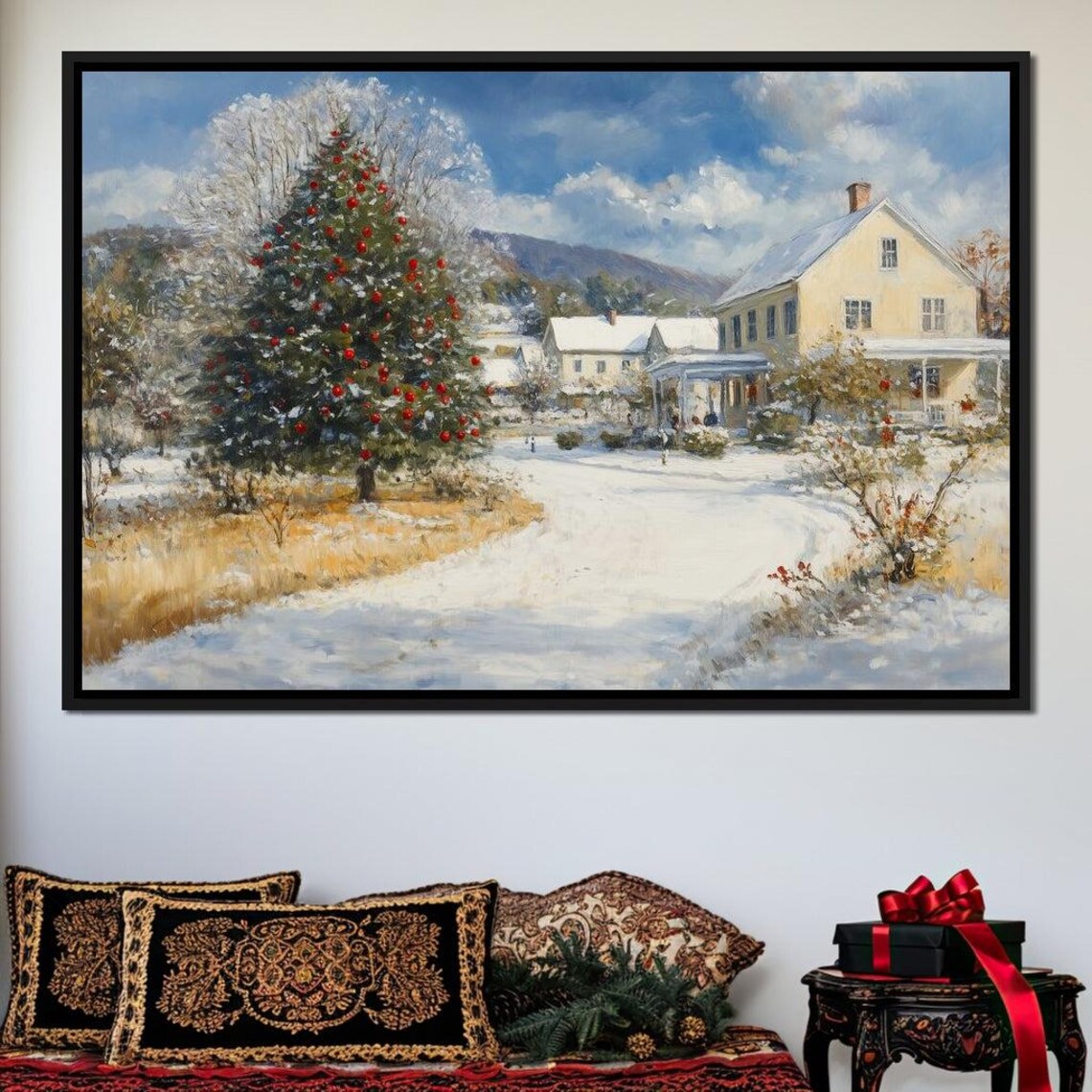 Snowy Christmas Village Big Red Ornament Tree Farmhouse Scene Poster - Image 2