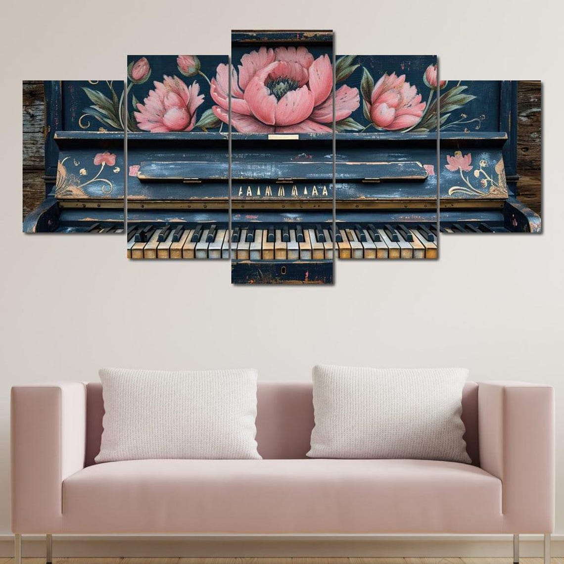 Hand Painted Navy Piano Pink Peonies Vintage Floral Music Art Poster - Image 4