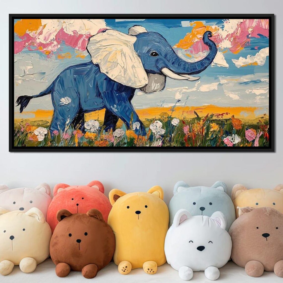 Baby Blue Elephant Flower Meadow Pink Sky Impasto Painting Wall Art Poster - Image 3