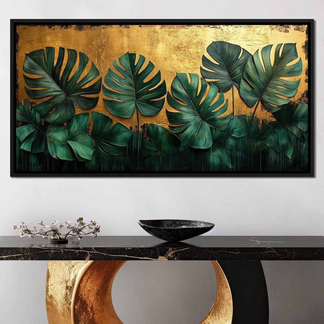 Deep Green Monstera Row Gold Leaf Background Luxe Botanical Wall Art - Image 4