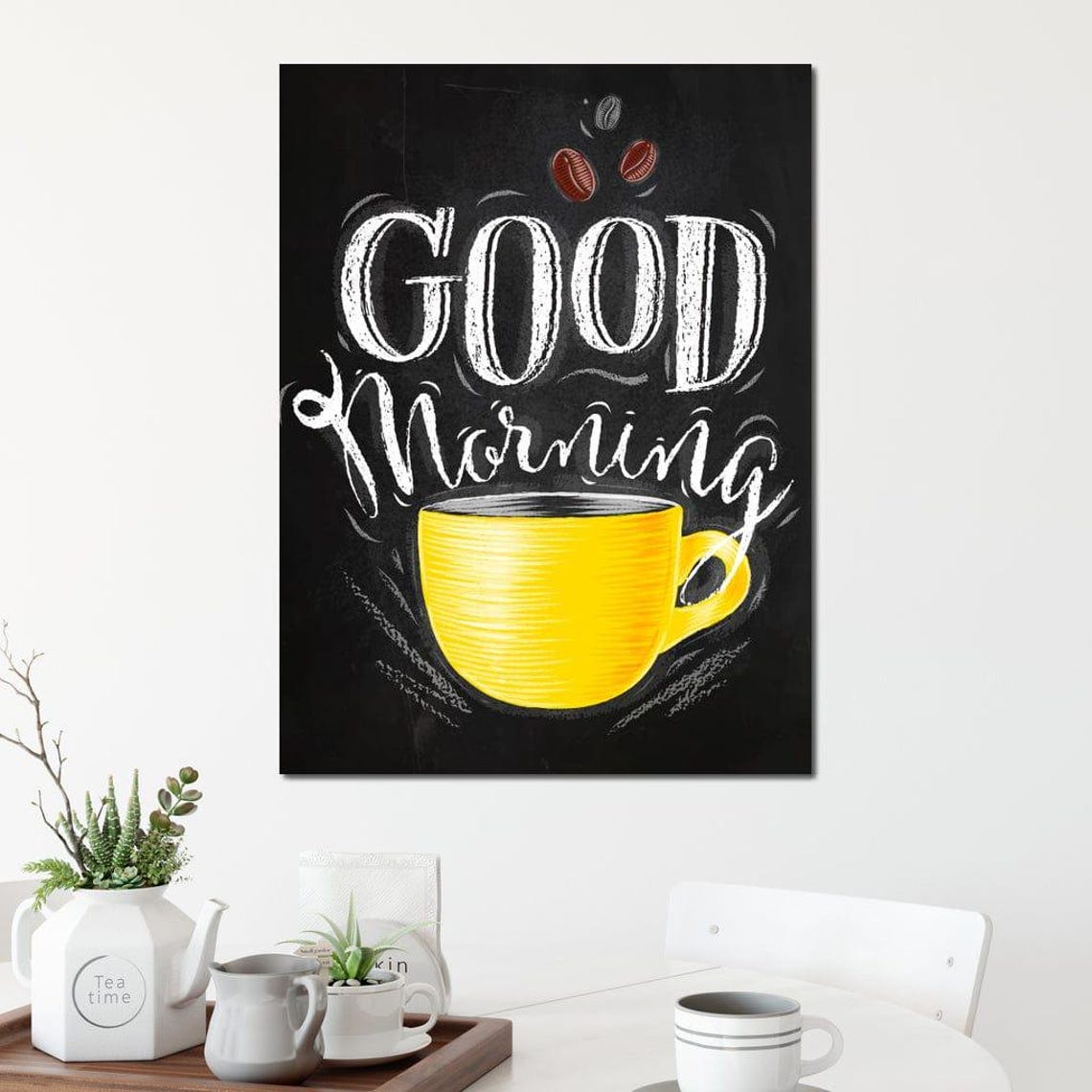 Good Morning Yellow Coffee Mug Art Kitchen Decor Coffee Lovers Gift Rustic Home Decor Blackboard Style Wall Art By Nichecanvas - Image 4