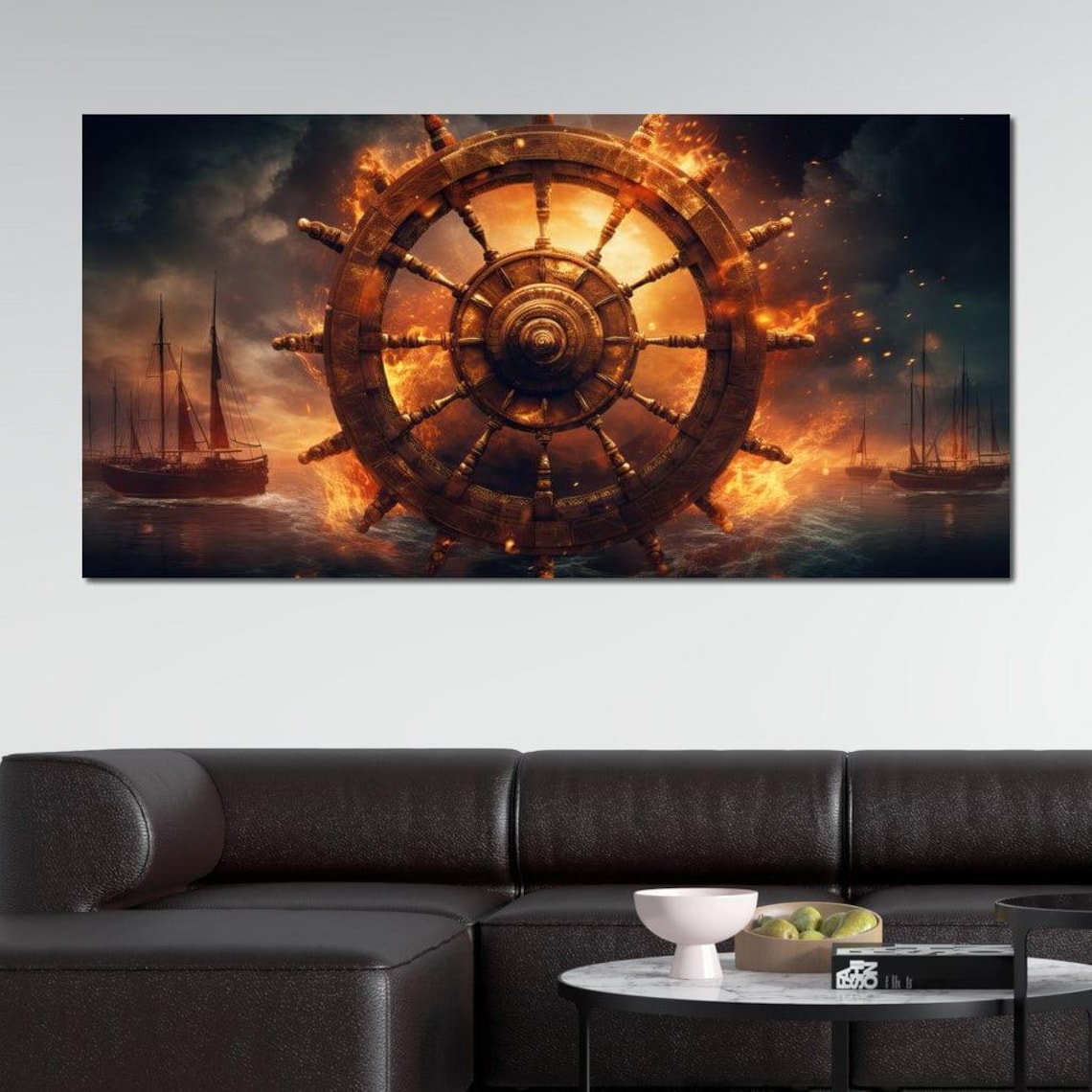 Burning Ships Wheel Fiery Ocean Storm Nautical Fantasy Wall Poster - Image 2