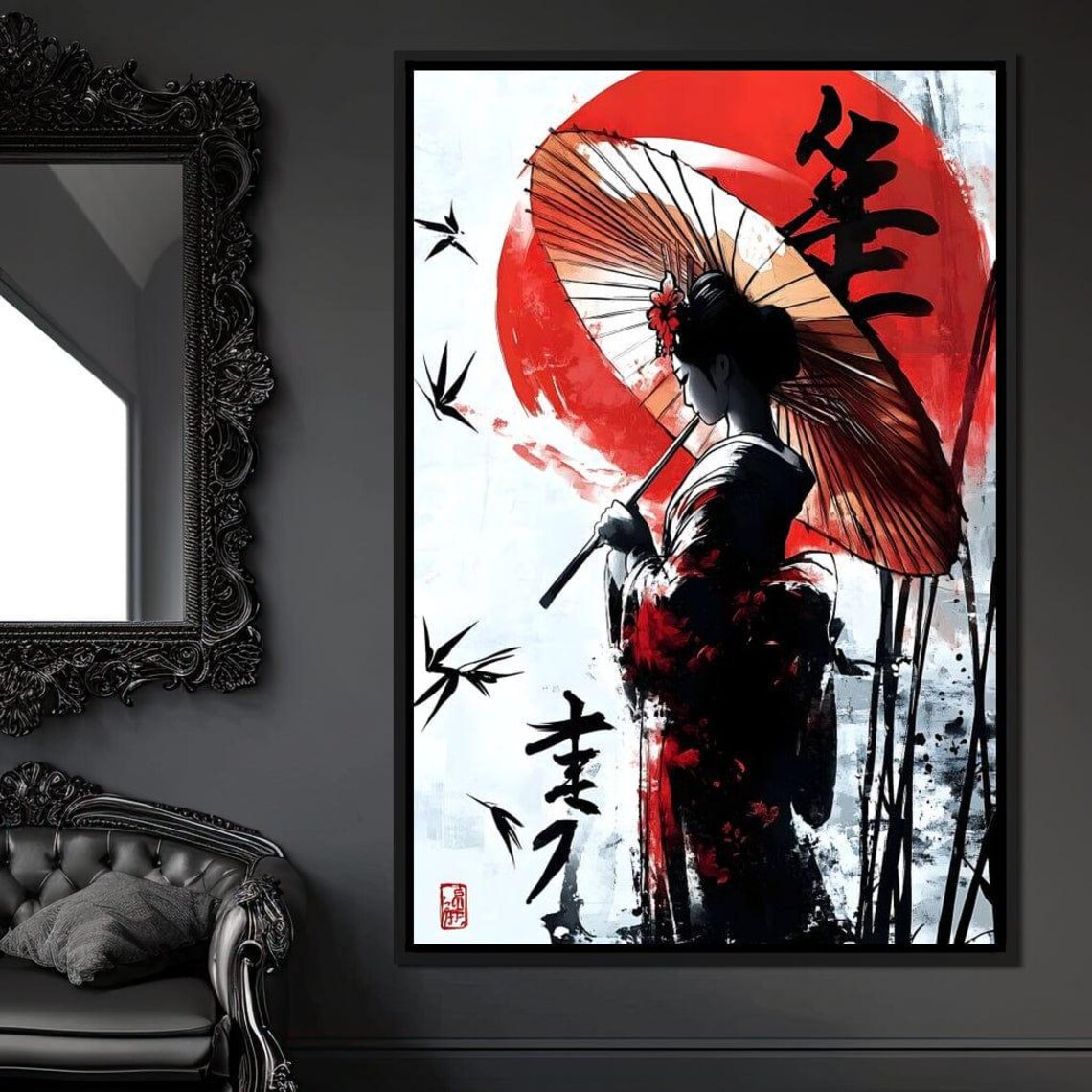 Geisha Red Sun Parasol Ink Wash Japanese Sumi E Painting Art Poster - Image 4