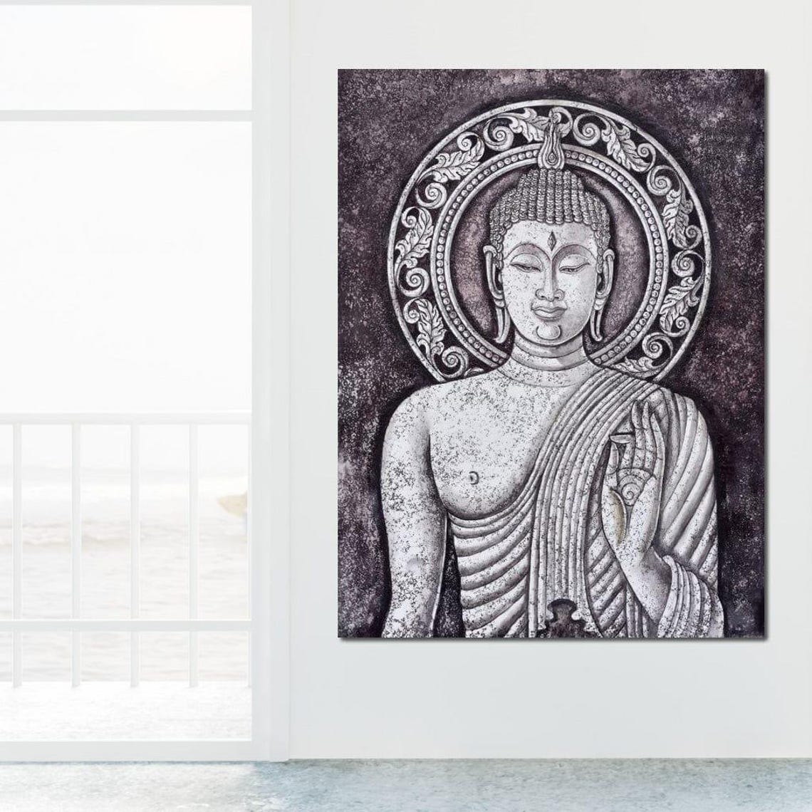 Grey Stone Buddha Monochrome Meditative Zen Spiritual Calm Wall Art - Image 3