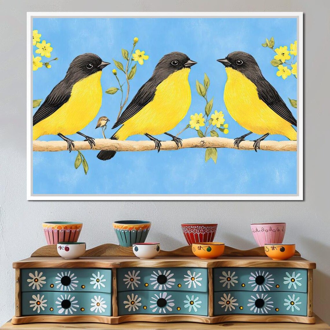Songbird Trio Yellow and Black Birds on Blossom Branch Wall Art Poster - Image 4