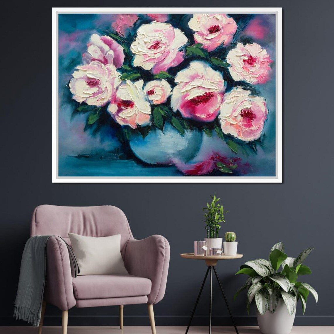 Pink Peonies In Blue Vase Impasto Floral Oil Painting Wall Art Print