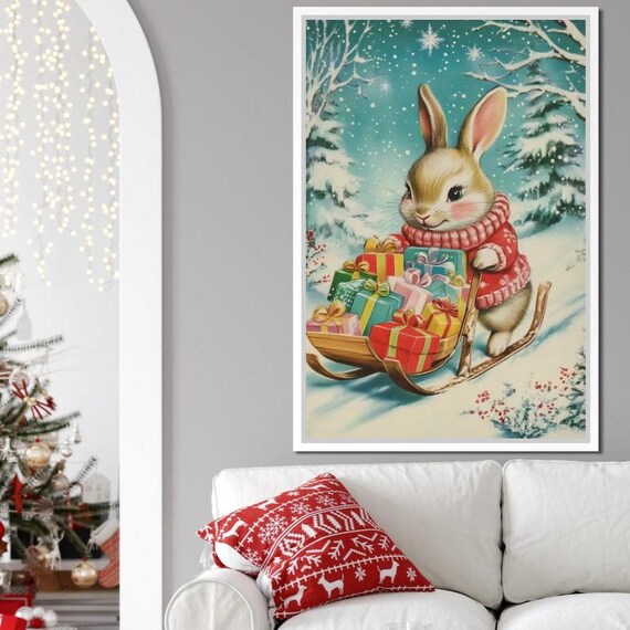 Christmas Bunny Red Sweater Sled of Gifts Snowy Scene Holiday Art Print