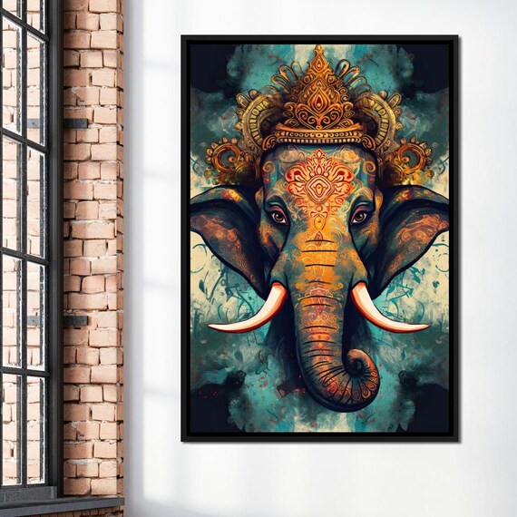 Gilded Ganesha Elephant Deity Ornate Crown Spiritual Wall Art