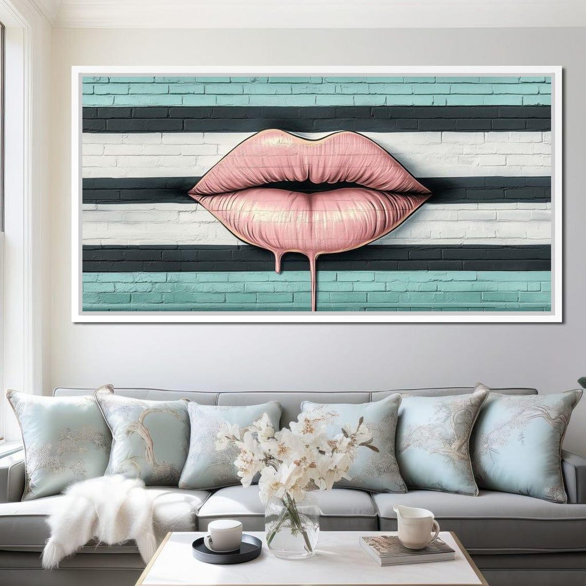 Pink Dripping Lips Pop Art On Teal Striped Brick Wall Modern Poster