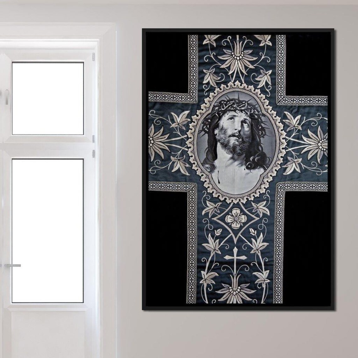 Jesus Christ Crown Thorns Ornate Embroidered Cross Sacred Heart Wall Art - Image 2