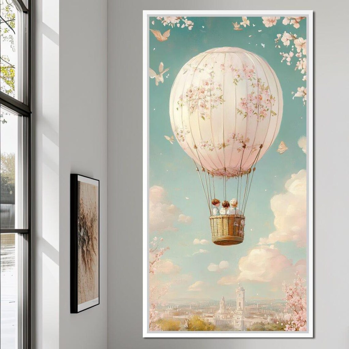 Dreamy Pastel Hot Air Balloon Floral Sky Nursery Kids Wall Art - Image 4