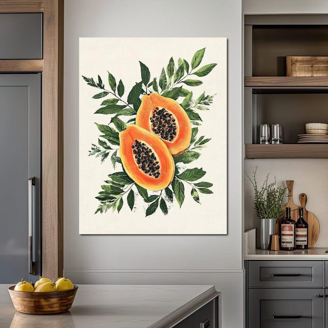 Papaya Halves Botanical Illustration Green Leaves Cream Kitchen Art - Image 4