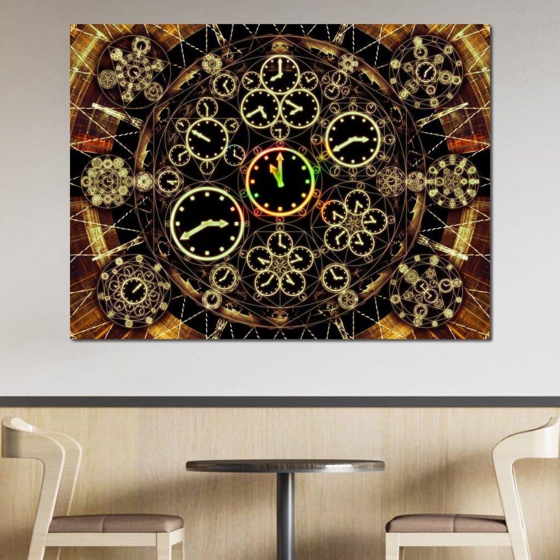 Golden Clocks Mandala Fractal Time Spiral Steampunk Wall Art - Image 2