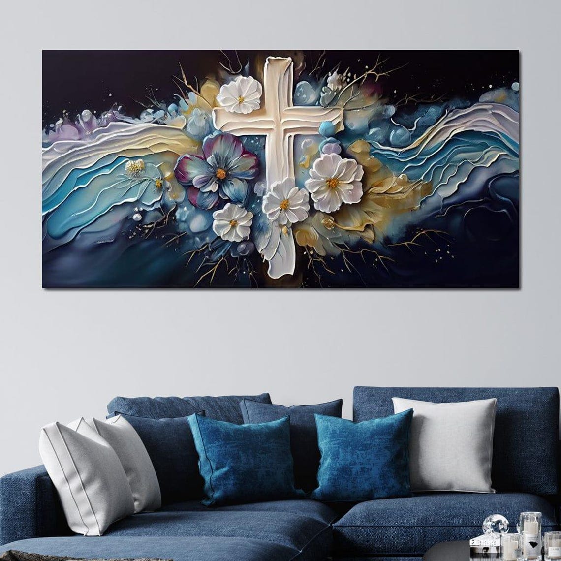 White Floral Cross On Midnight Blue Abstract Christian Faith Poster - Image 3
