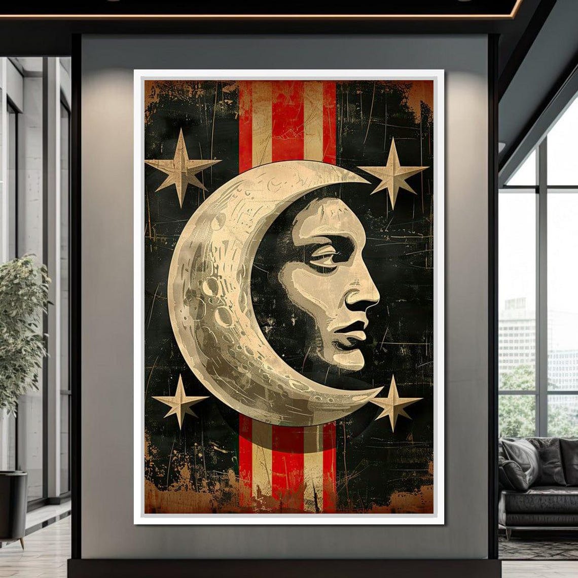 Vintage Celestial Crescent Moon Face Stars Mystical Wall Art - Image 2