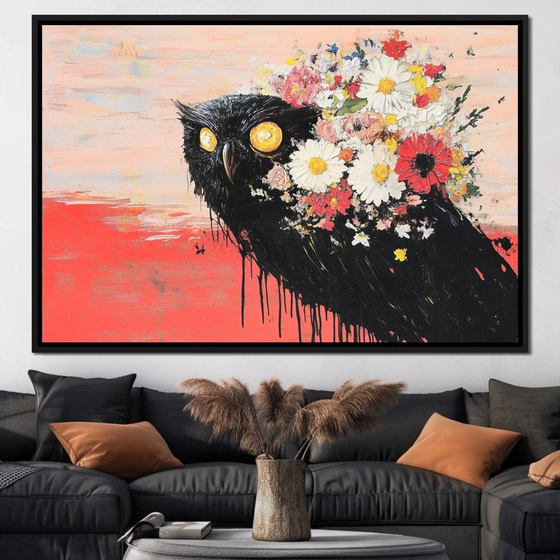 Black Owl Golden Eyes Colorful Daisy Flower Wildlife Wall Art Print - Image 4