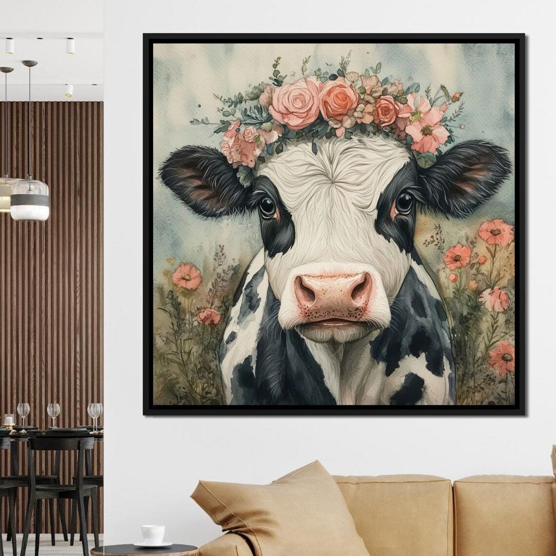 Cow Flower Crown Pink Roses Cute Black White Cow Watercolor Wall Print