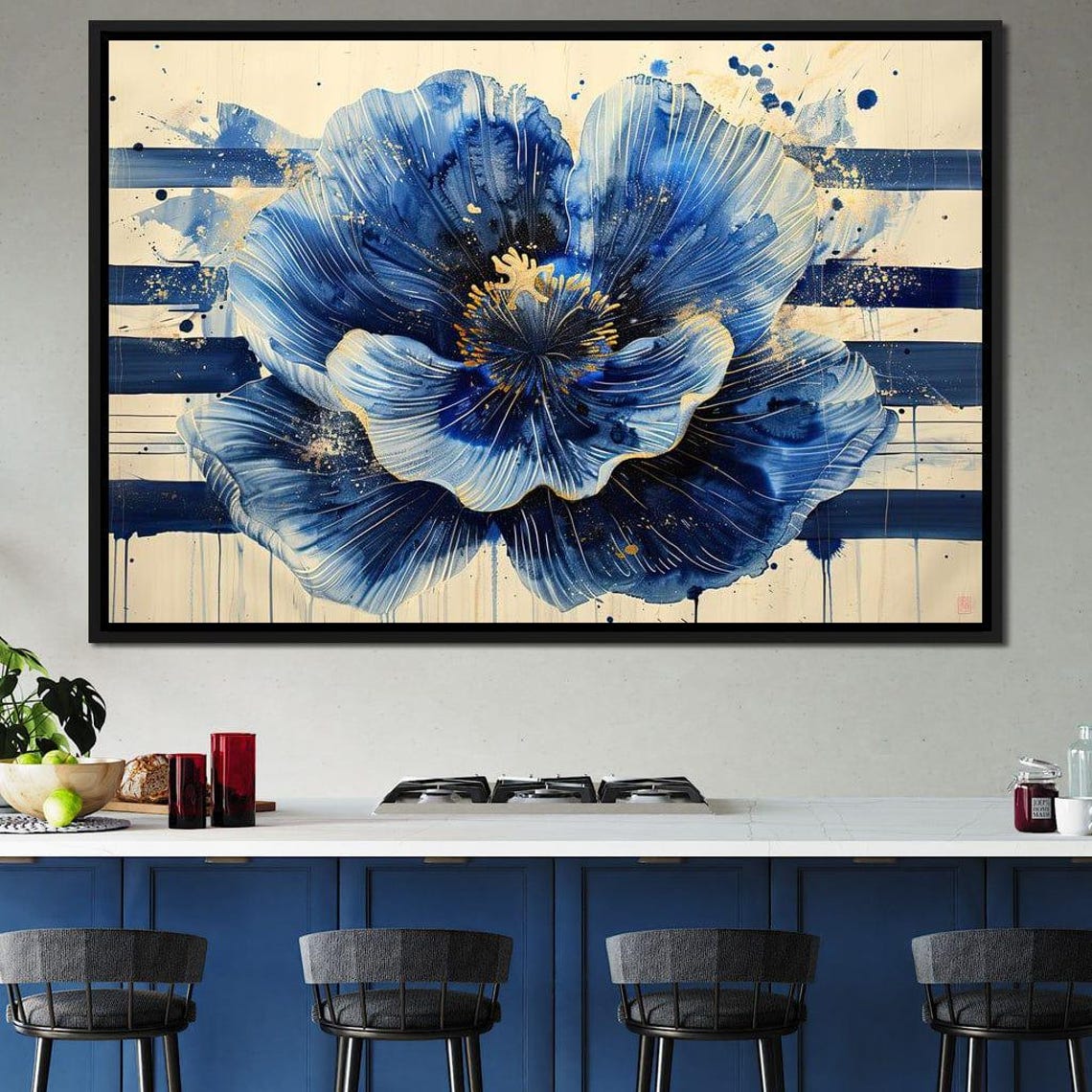 Sapphire Blue Poppy Bloom Gold Accents Modern Floral Wall Art Poster