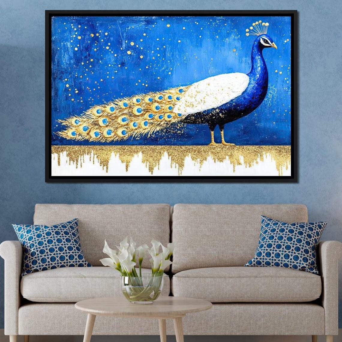 Royal Blue Peacock with Golden Celestial Tail Feather Poster - Image 3