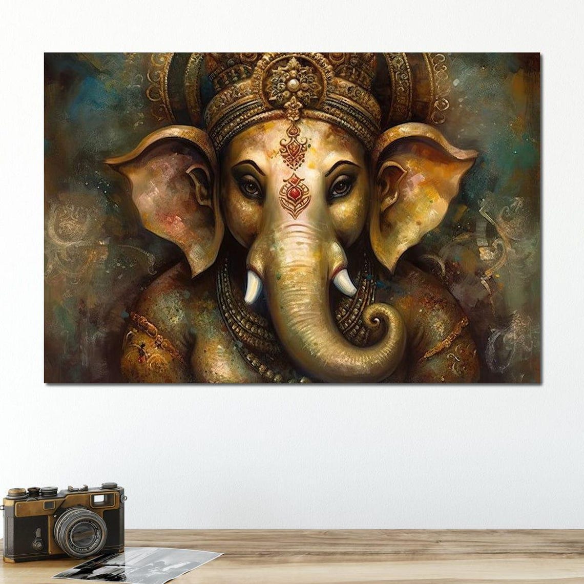 Golden Ganesha Face Close Up Ornate Crown Hindu Deity Spiritual Poster - Image 4
