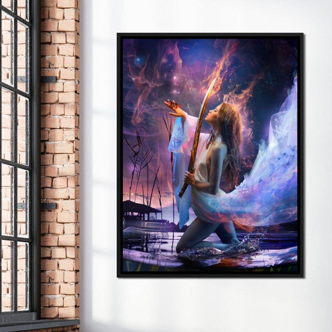 Mystical Woman With Flaming Sword Purple Mist Fantasy Art Poster