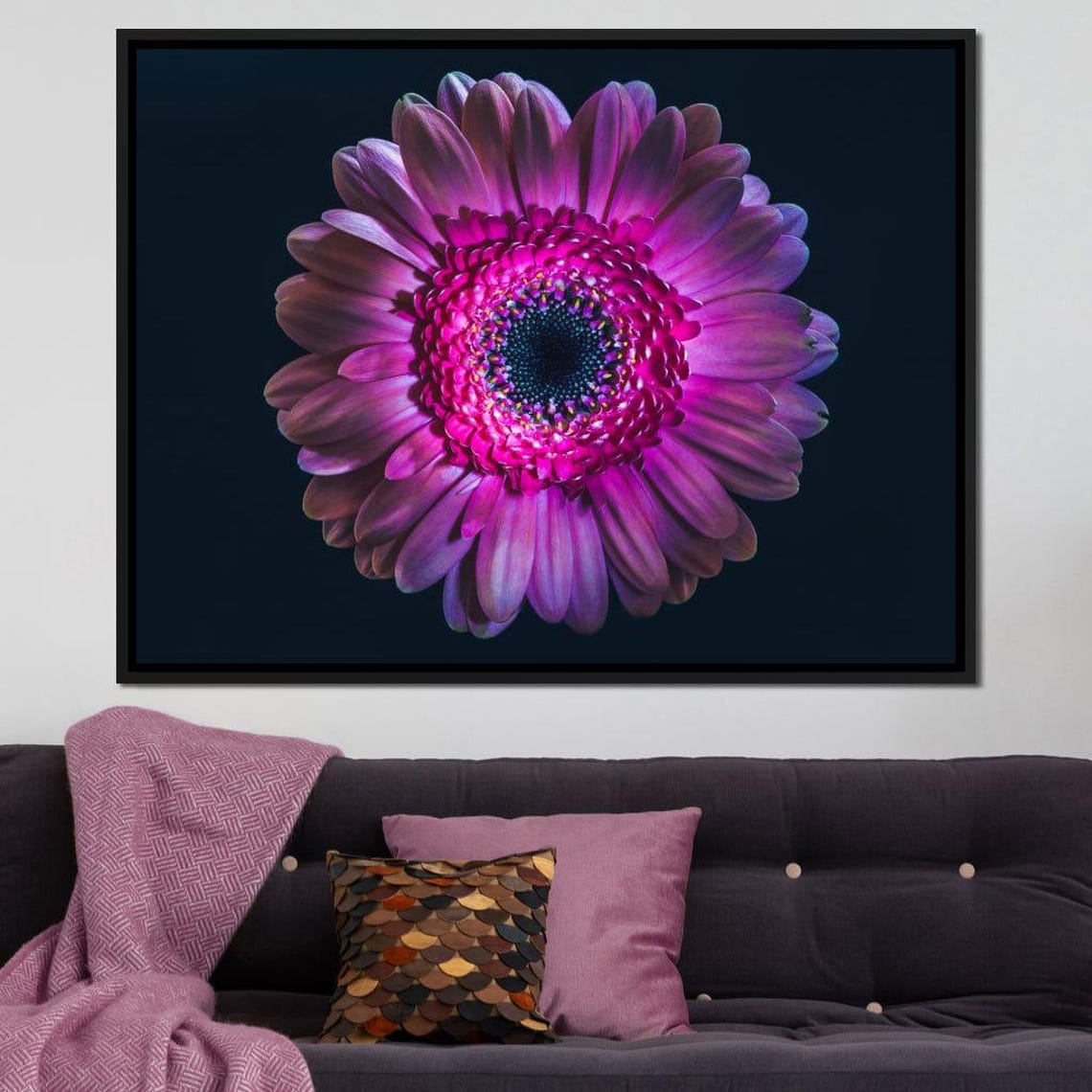 Magenta Gerbera Daisy Black Background Macro Flower Wall Art - Image 2