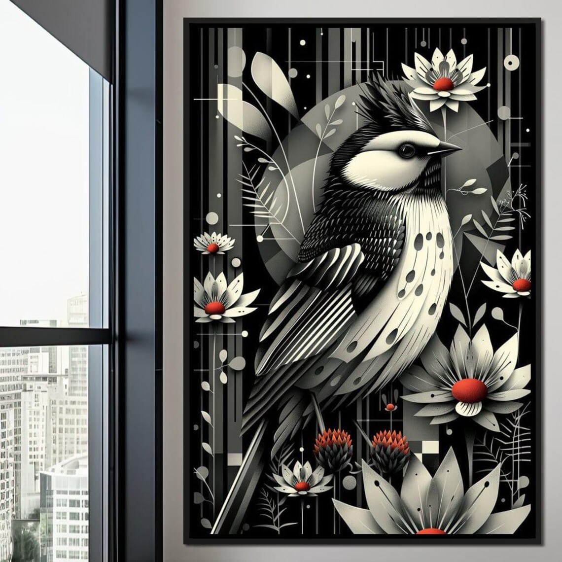 Monochrome Songbird Red Accent Flowers Minimalist Bird Art Wall Poster