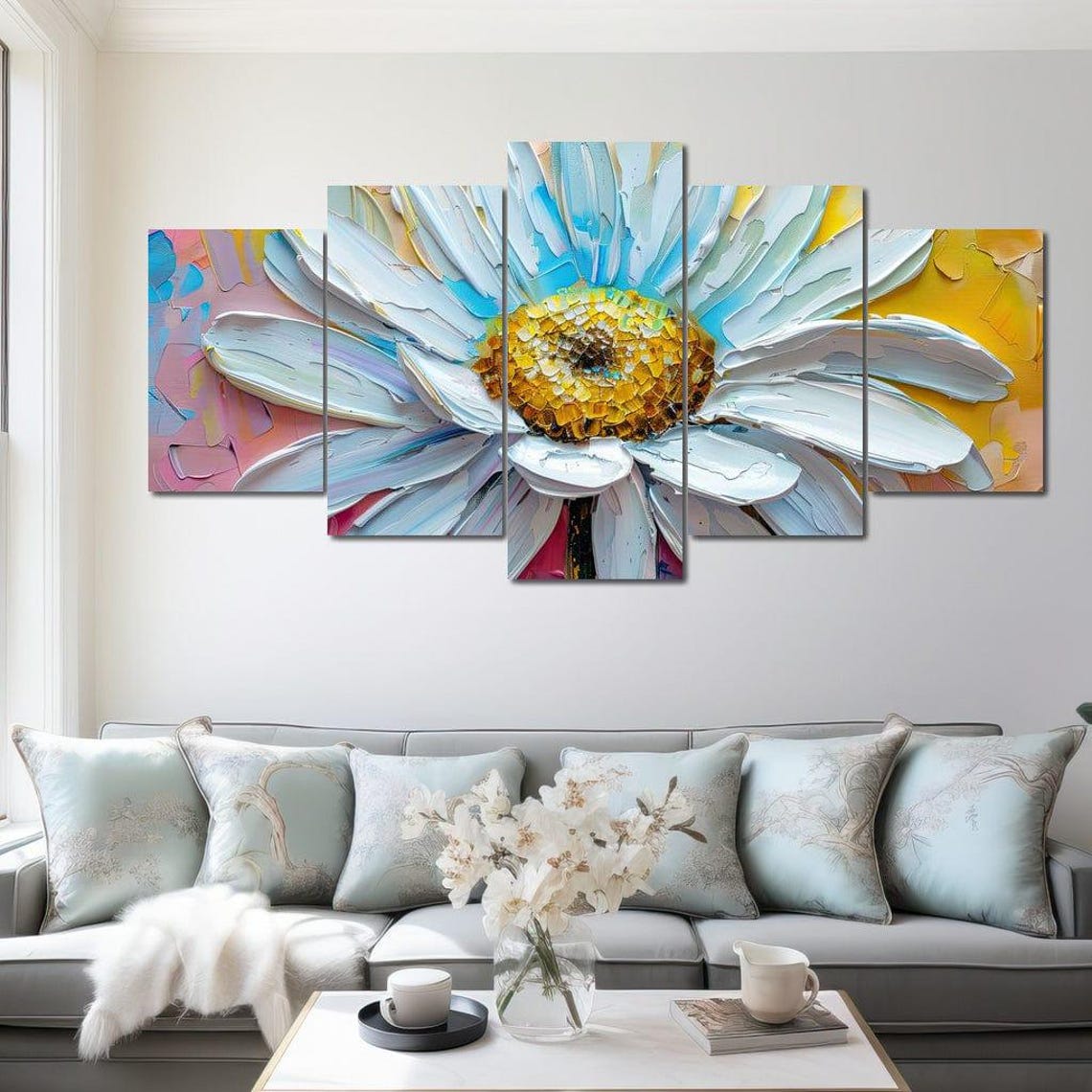 White Daisy Impasto Palette Knife Flower Pink Yellow Floral Poster - Image 4