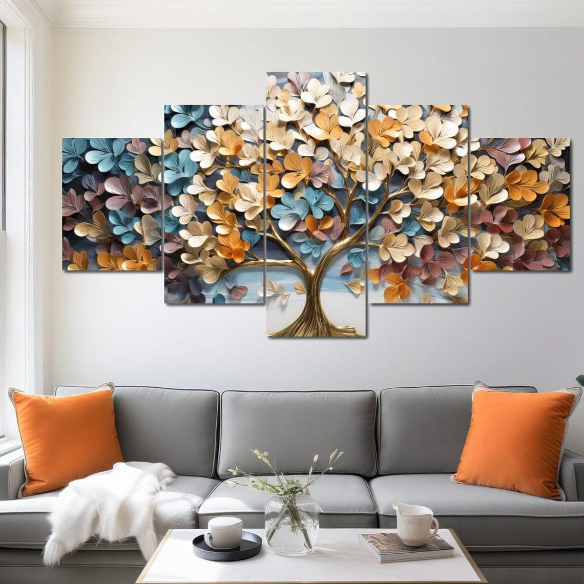 Tree Of Life Golden 3D Metallic Colorful Leaves Multi Panel Wall Art - Image 4