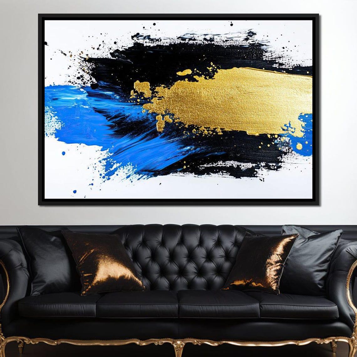Blue Gold Brushstroke Abstract Multi Panel Modern Wall Art Print - Image 3