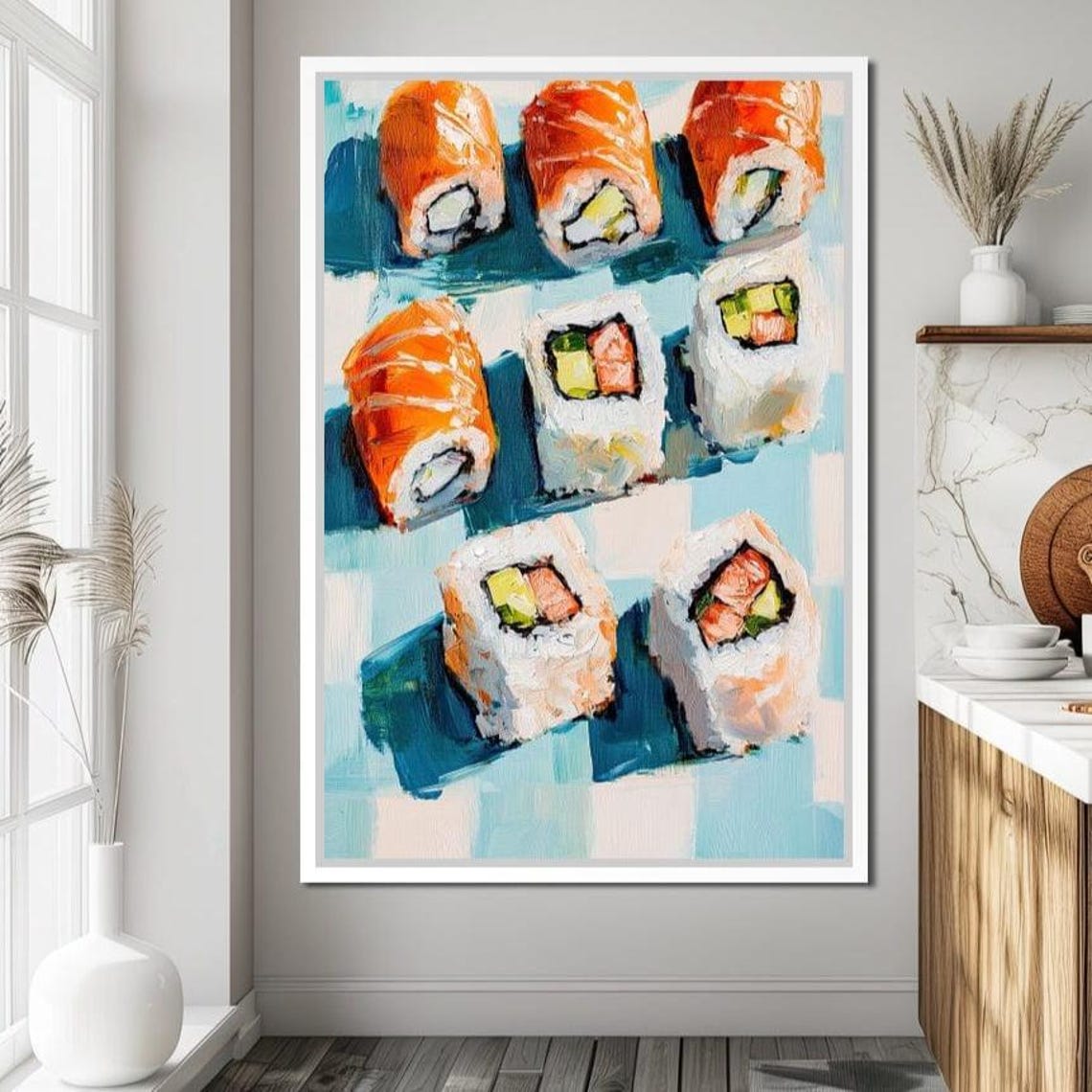 Salmon Sushi Rolls Avocado Cream Cheese Blue Checkered Kitchen Poster - Image 2