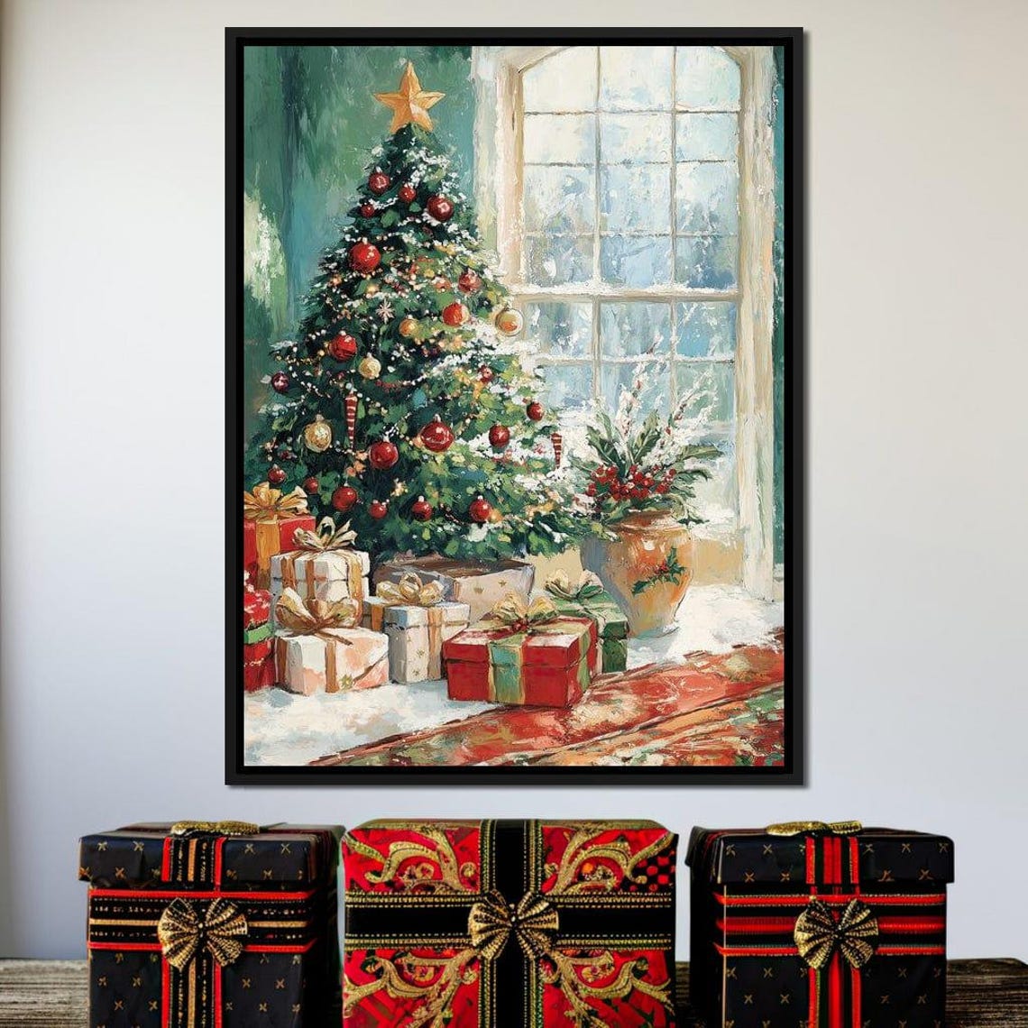Snowy Christmas Tree By Window Presents Red Ornaments Poster - Image 4
