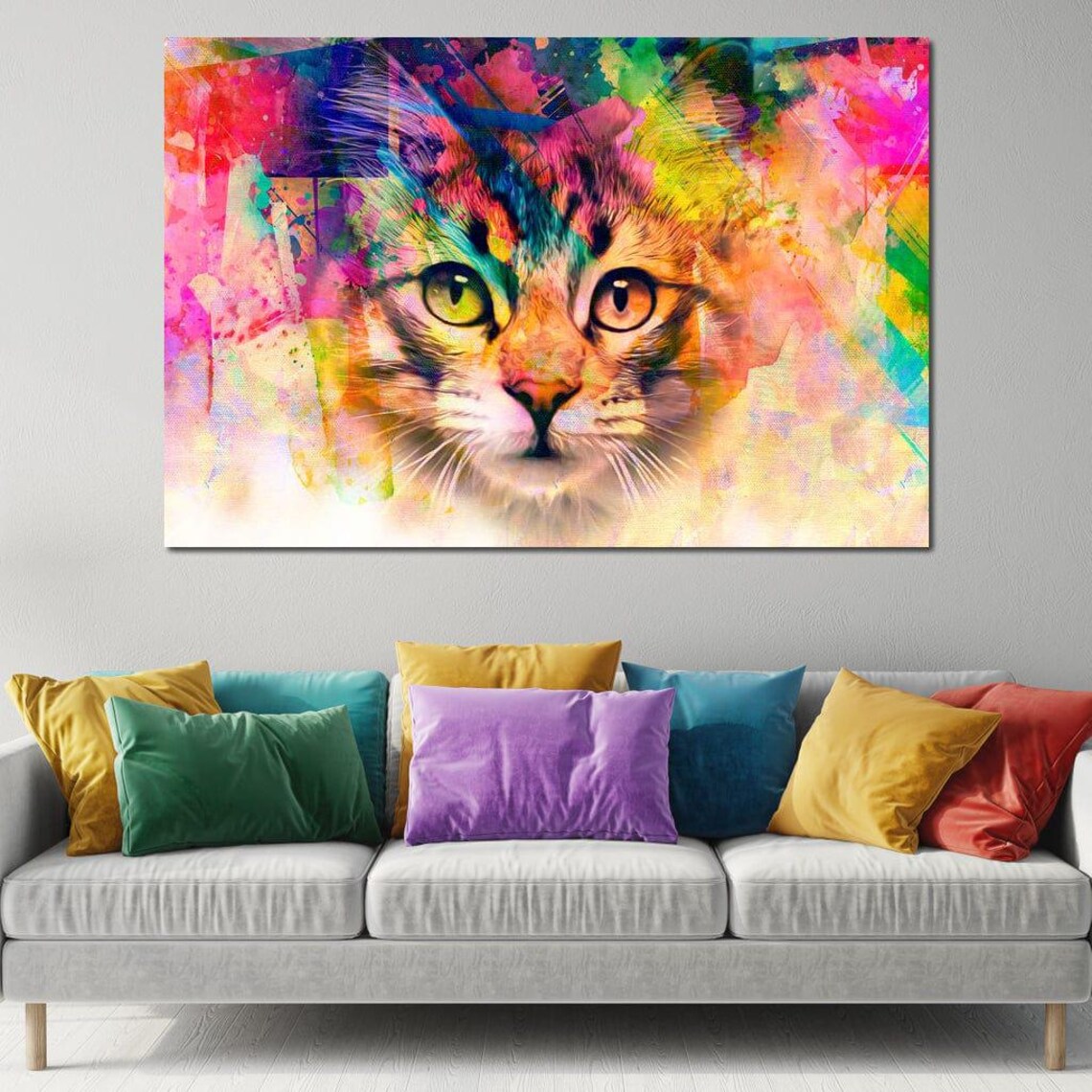 Colorful Rainbow Cat Face Watercolor Abstract Whimsical Feline Wall Art - Image 4