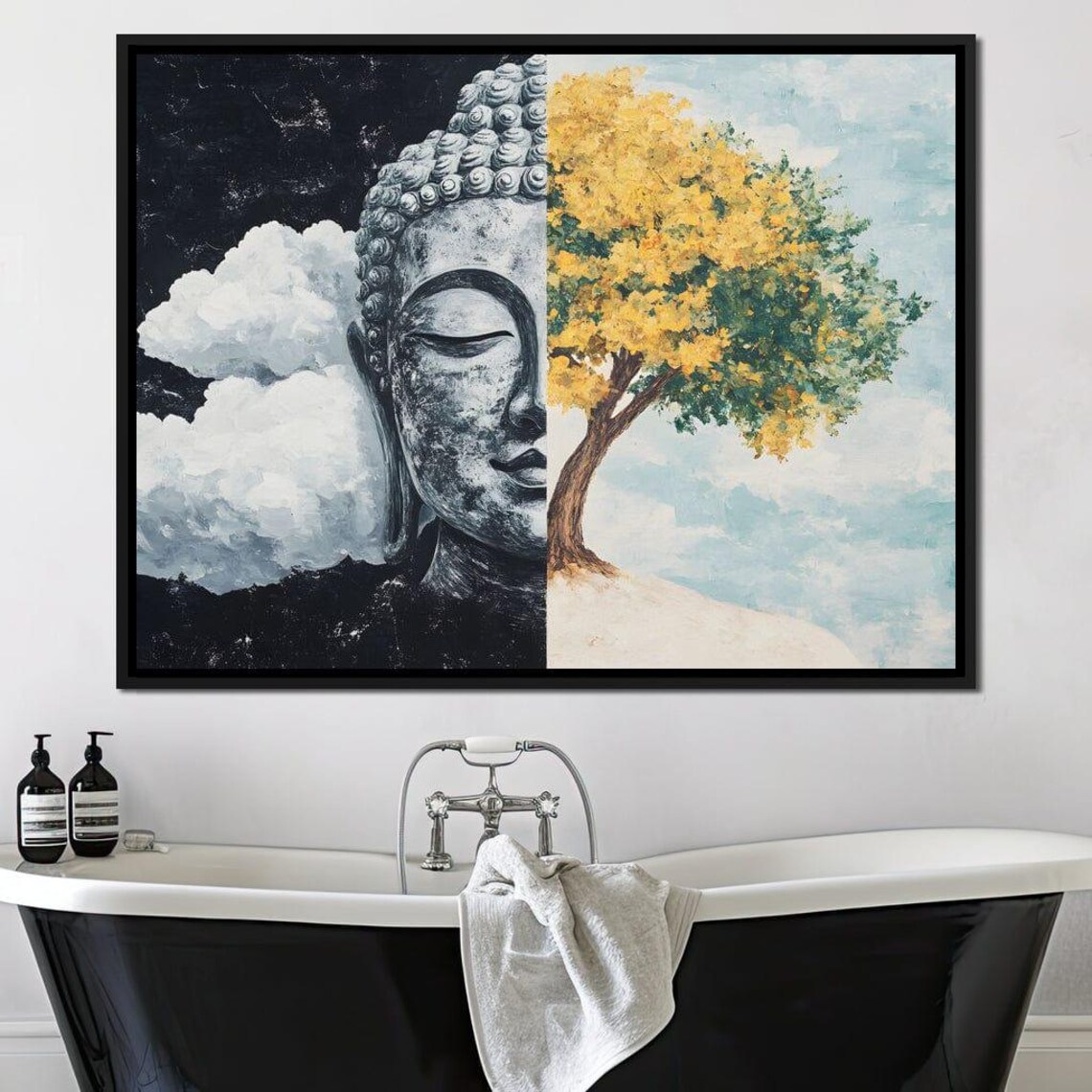 Buddha Half Golden Tree Split Night Day Zen Spiritual Balance Wall Art Print - Image 2