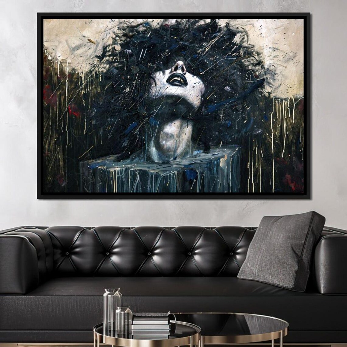 Expressive Woman Portrait Black Grey Abstract Painted Dark Dramatic Poster