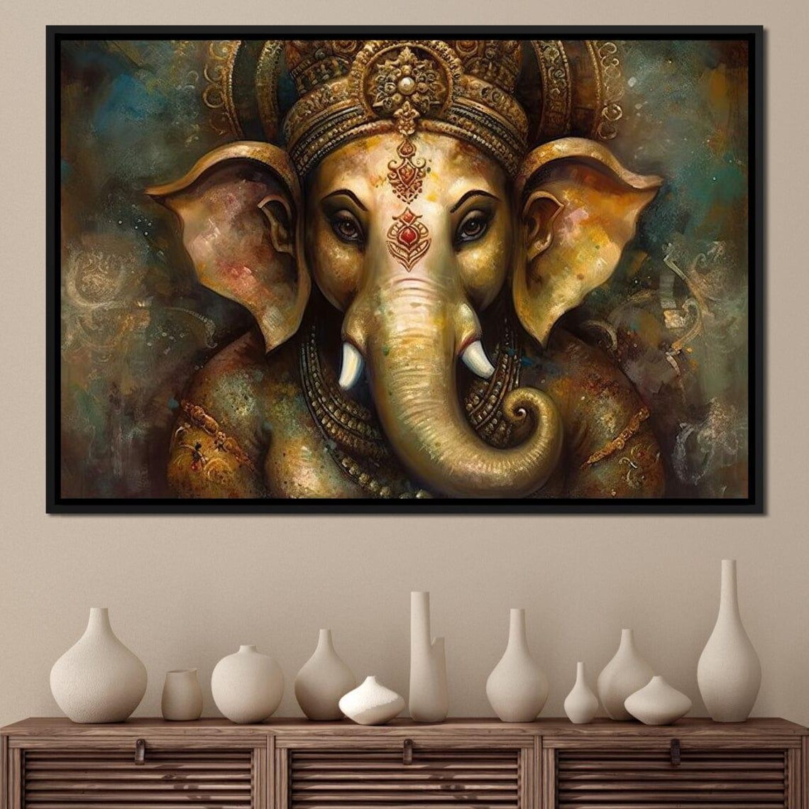 Golden Ganesha Face Close Up Ornate Crown Hindu Deity Spiritual Poster